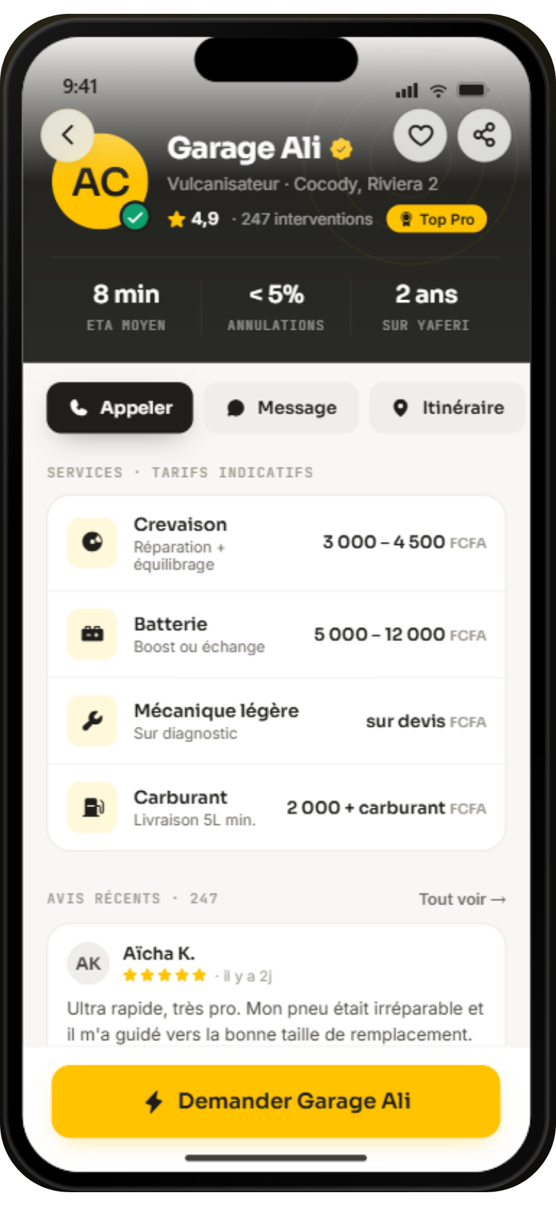 App YAFERI · top 3 prestataires